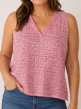 Belle by Kim Gravel Pink Stretch Tweed V-Neck Sleeveless Shell